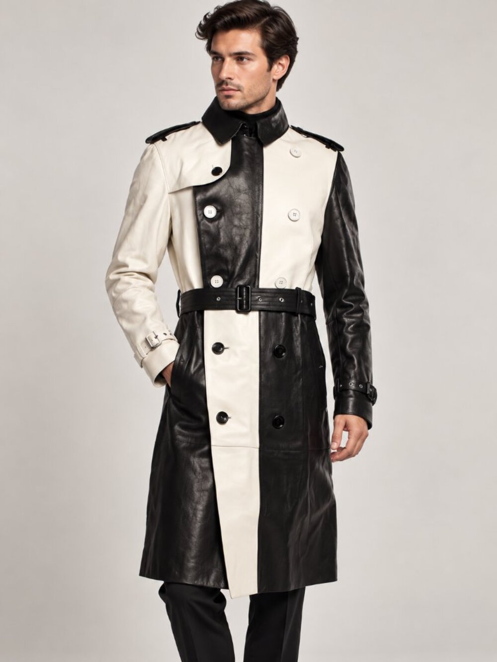 NWT Burberry Men’s Calfskin Leather Colorblock Trench Coat Black Size M 38 IT48